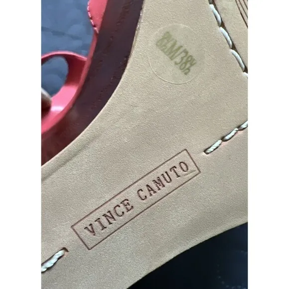 Vince Camuto Mathis Coral Leather Wooden Heel T-Strap Wedge Sandals SZ 8.5M Chic