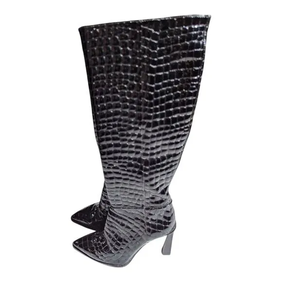 Vince Camuto Pelsna Black Croc Embossed Patent Leather Knee High Heel Boots 5