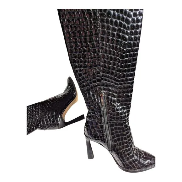 Vince Camuto Pelsna Black Croc Embossed Patent Leather Knee High Heel Boots 5