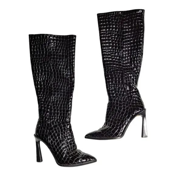 Vince Camuto Pelsna Black Croc Embossed Patent Leather Knee High Heel Boots 5