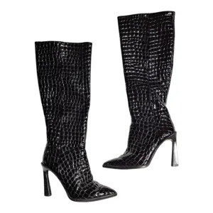 Vince Camuto Pelsna Black Croc Embossed Patent Leather Knee High Heel Boots 5