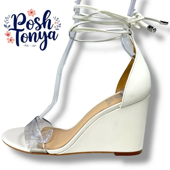 Vince Camuto Stassia Leather Open Toe Ankle Wrap Wedge Sandals, White, Size 6.5