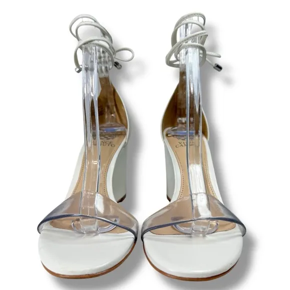 Vince Camuto Stassia Leather Open Toe Ankle Wrap Wedge Sandals, White, Size 6.5