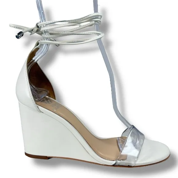 Vince Camuto Stassia Leather Open Toe Ankle Wrap Wedge Sandals, White, Size 6.5
