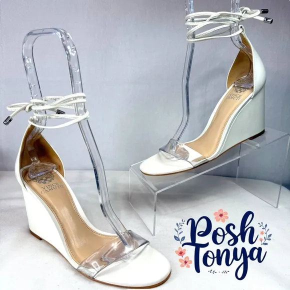 Vince Camuto Stassia Leather Open Toe Ankle Wrap Wedge Sandals, White, Size 6.5