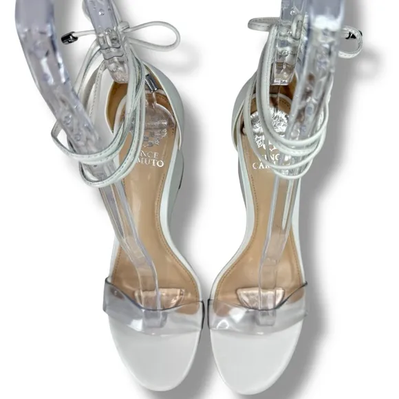 Vince Camuto Stassia Leather Open Toe Ankle Wrap Wedge Sandals, White, Size 6.5
