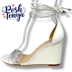 Vince Camuto Stassia Leather Open Toe Ankle Wrap Wedge Sandals, White, Size 6.5