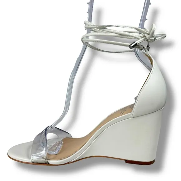 Vince Camuto Stassia Leather Open Toe Ankle Wrap Wedge Sandals, White, Size 6.5