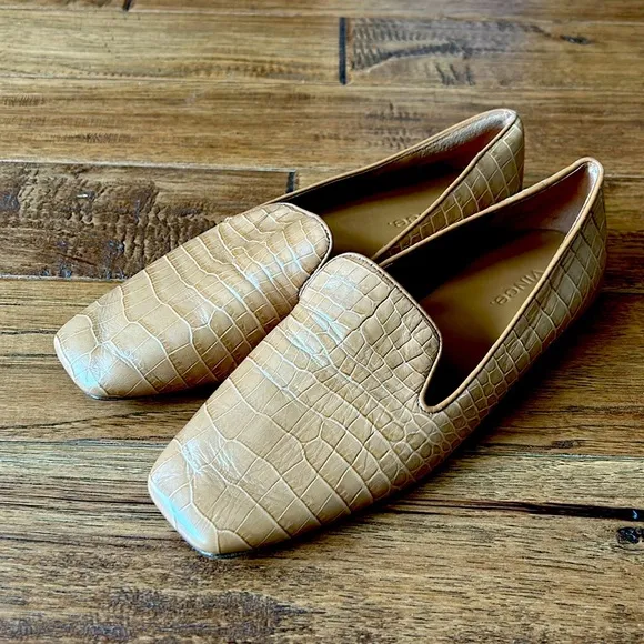 Vince Clark Loafer Flats Croc Embossed Leather Camel Tan Womens Size 6