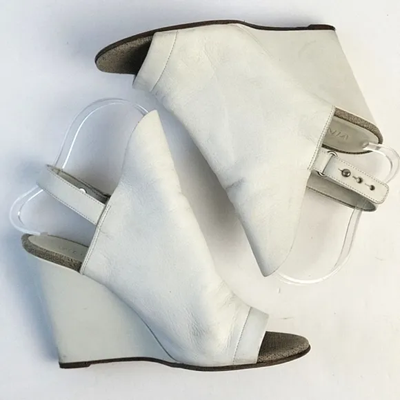 Vince Kostel White Leather Open Toe Slingback Wedge Heel Sandal Bootie S…
