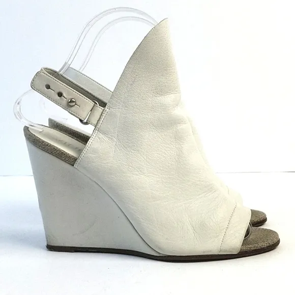 Vince Kostel White Leather Open Toe Slingback Wedge Heel Sandal Bootie S…