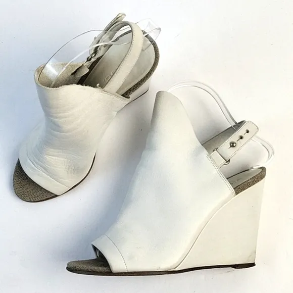 Vince Kostel White Leather Open Toe Slingback Wedge Heel Sandal Bootie S…