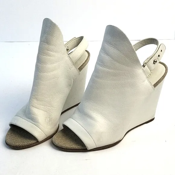 Vince Kostel White Leather Open Toe Slingback Wedge Heel Sandal Bootie S…