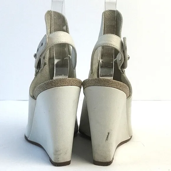 Vince Kostel White Leather Open Toe Slingback Wedge Heel Sandal Bootie S…