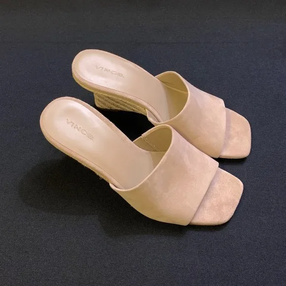 VINCE Pia Suede Leather Espadrille Wedge Heel Sandal 8 US Nude Beige