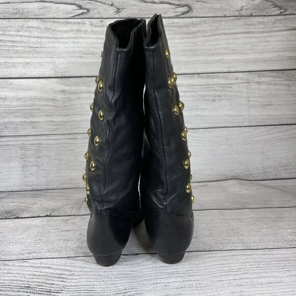 Vintage 80s Flat Black Soft Leather Slouchy Studded Boots Mid Calf Sz 7.5