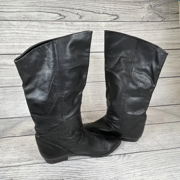 Vintage 80s Flat Black Soft Leather Slouchy Studded Boots Mid Calf Sz 7.5