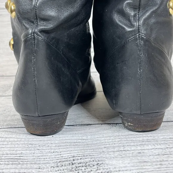 Vintage 80s Flat Black Soft Leather Slouchy Studded Boots Mid Calf Sz 7.5