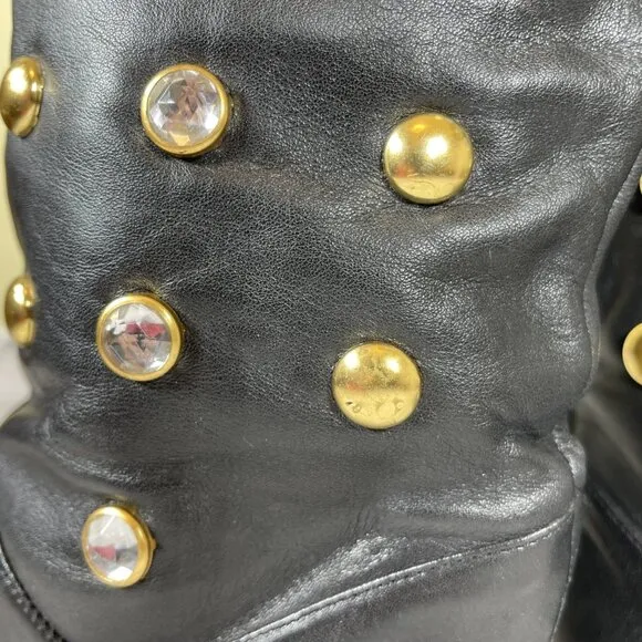 Vintage 80s Flat Black Soft Leather Slouchy Studded Boots Mid Calf Sz 7.5