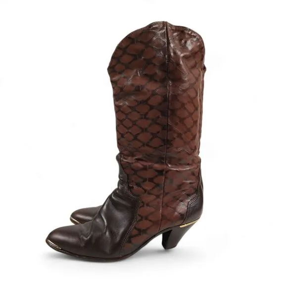 Vintage Acme Western Metal Tipped Boots Size 8.5M Brown Embossed Leather