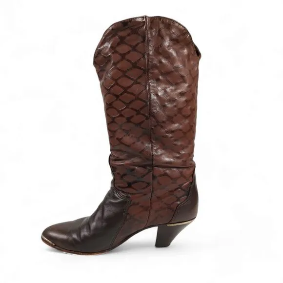 Vintage Acme Western Metal Tipped Boots Size 8.5M Brown Embossed Leather