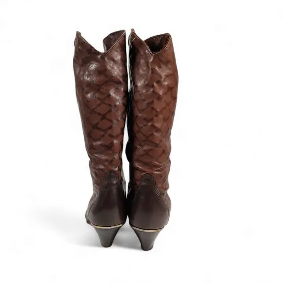 Vintage Acme Western Metal Tipped Boots Size 8.5M Brown Embossed Leather