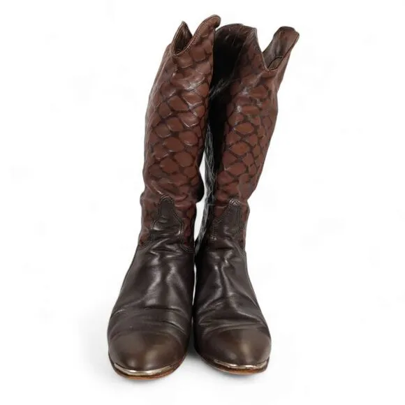 Vintage Acme Western Metal Tipped Boots Size 8.5M Brown Embossed Leather