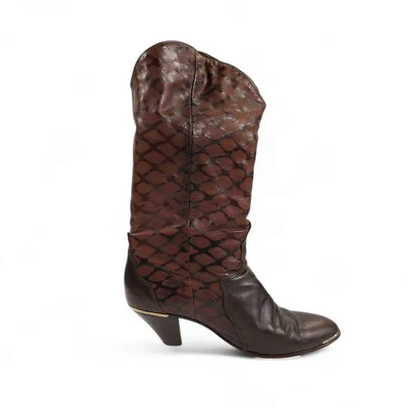 Vintage Acme Western Metal Tipped Boots Size 8.5M Brown Embossed Leather