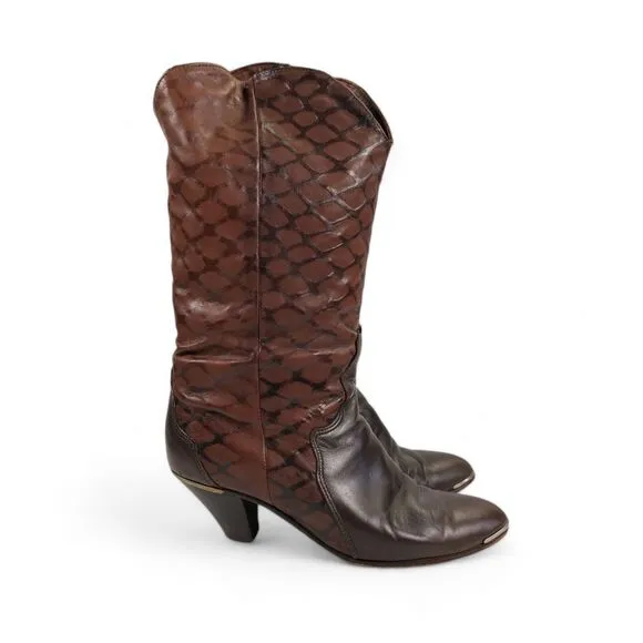 Vintage Acme Western Metal Tipped Boots Size 8.5M Brown Embossed Leather
