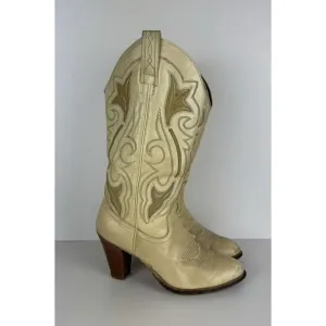 Vintage Dan Post Beige Leather Cowboy Boots Womens‎ 6.5 M Heeled Western 70's