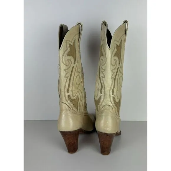 Vintage Dan Post Beige Leather Cowboy Boots Womens‎ 6.5 M Heeled Western 70's