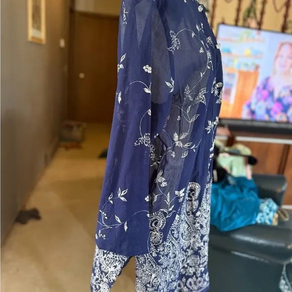 Vintage Elegant Blue and White Sheer Kaftan with Sparkly Buttons