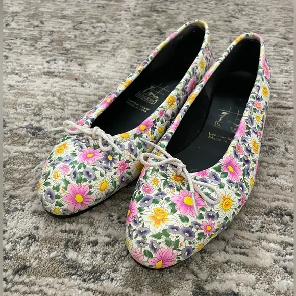 Vintage Floral Ballet Flats Sz 11 Leather Bow One of a Kind Free People Anthro
