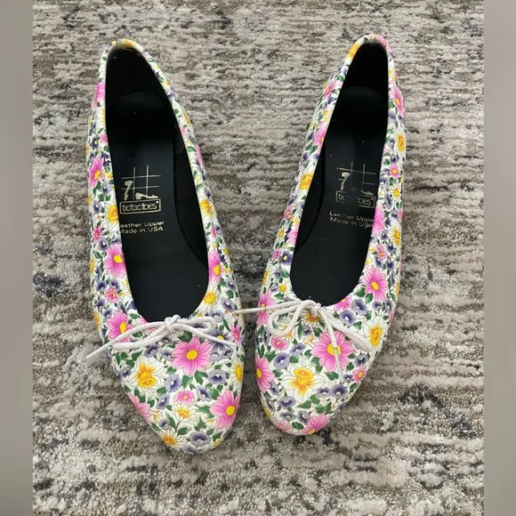 Vintage Floral Ballet Flats Sz 11 Leather Bow One of a Kind Free People Anthro