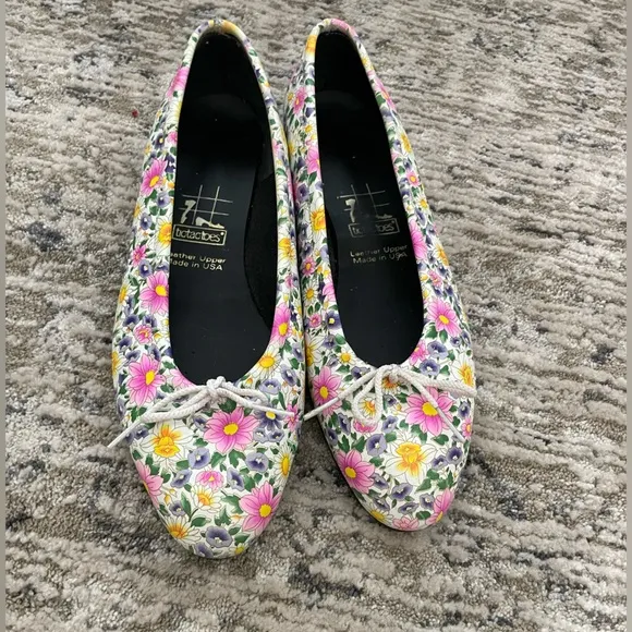 Vintage Floral Ballet Flats Sz 11 Leather Bow One of a Kind Free People Anthro