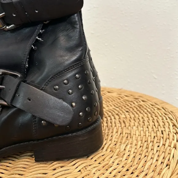 Vintage Foundry Sherry Studded Leather Moto Boots Black Buckle