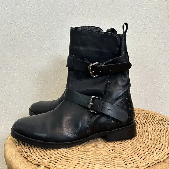 Vintage Foundry Sherry Studded Leather Moto Boots Black Buckle