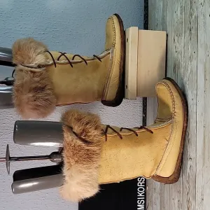 Vintage Huron Moc Enr. Mukluks Leather Boots‎ Womens 5 Rabbit Fur Top Moccasins