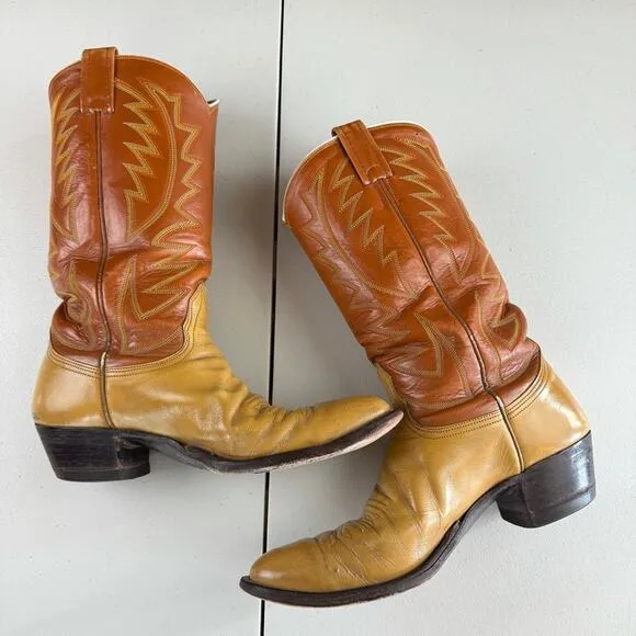 Vintage Men's Nocona Boots Tan Leather Embroidered Cowboy Boot Sz 9.5