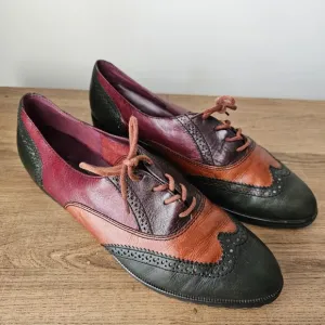 VINTAGE NINE WEST WINGTIP OXFORD FLATS COLORBLOCK GENUINE LEATHER SZ 10 WOMENS