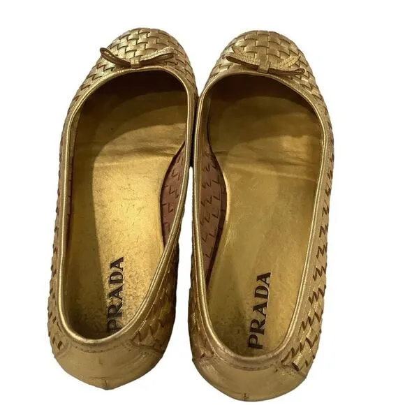 Vintage Prada Gold Woven Bow Flats SIZE 7