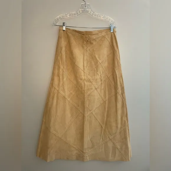 Vintage Revue Tan Leather Women’s Midi Skirt Size 12 Beige A-Line Lined Diamond