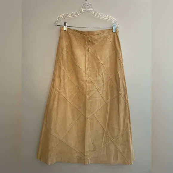 Vintage Revue Tan Leather Women’s Midi Skirt Size 12 Beige A-Line Lined Diamond