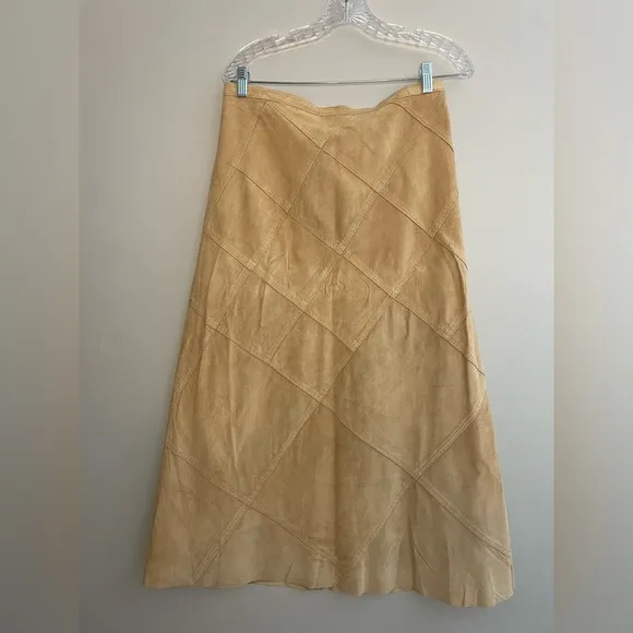 Vintage Revue Tan Leather Women’s Midi Skirt Size 12 Beige A-Line Lined Diamond