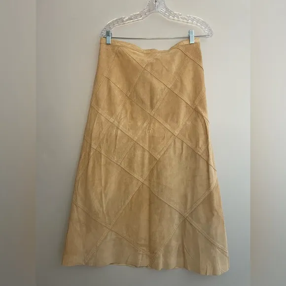 Vintage Revue Tan Leather Women’s Midi Skirt Size 12 Beige A-Line Lined Diamond