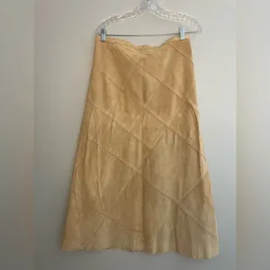 Vintage Revue Tan Leather Women’s Midi Skirt Size 12 Beige A-Line Lined Diamond