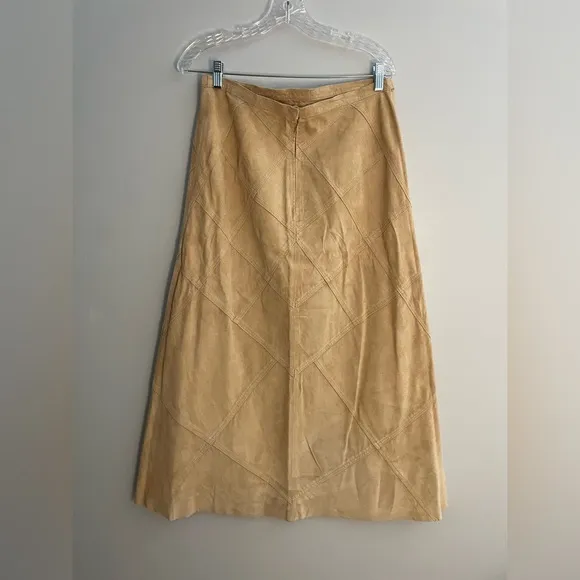 Vintage Revue Tan Leather Women’s Midi Skirt Size 12 Beige A-Line Lined Diamond