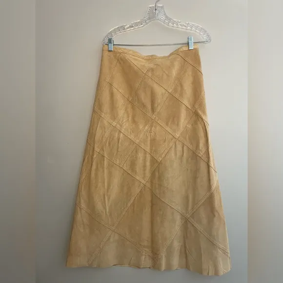 Vintage Revue Tan Leather Women’s Midi Skirt Size 12 Beige A-Line Lined Diamond