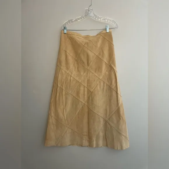 Vintage Revue Tan Leather Women’s Midi Skirt Size 12 Beige A-Line Lined Diamond