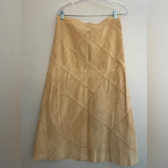 Vintage Revue Tan Leather Women’s Midi Skirt Size 12 Beige A-Line Lined Diamond